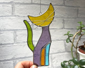 Stained Glass Cat Suncatcher, 6-inches tall, hanging decoration, handmade glass art