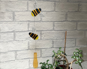 Fused Glass Bee and Honey Suncatcher, handmade glass art, window hanging decoration