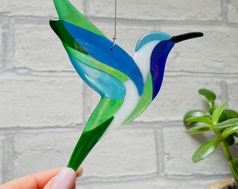 Fused Glass Hummingbird Suncatcher, iridescent window hanging decoration, handmade glass artwork