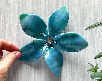 Fused Glass Wall-Mounted Flower: Handmade Blue-Green Opalescent Artwork