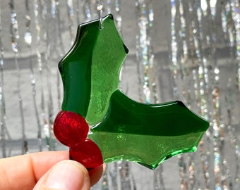 Fused Glass Holly with Berries, Christmas Tree Decoration, Xmas Ornament