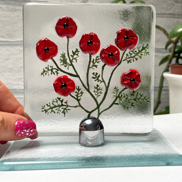 Fused Glass Poppy Flower Panel in Stand-Up Mount, handmade glass artwork
