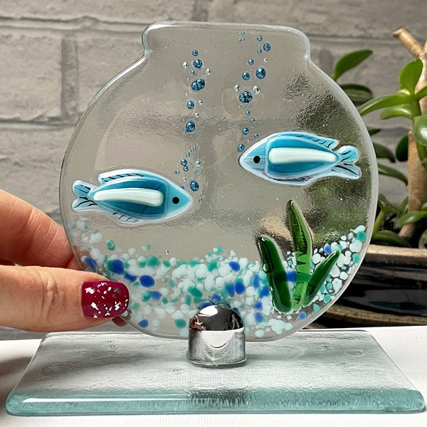 Fused Glass Fish Bowl Suncatcher in Stand-Up Mount, handmade glass artwork