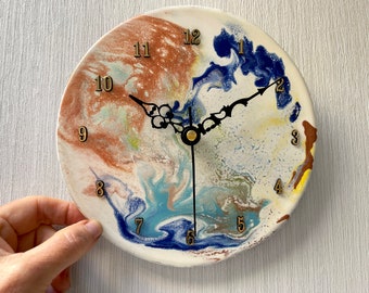 Handmade Fused Glass Wall Clock: Copper, Blue, Turquoise - 7.5 inch