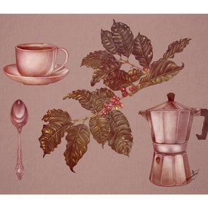 May include: A still life illustration of a coffee pot, a cup of coffee, a spoon, and a branch of coffee beans with leaves. The coffee pot is silver with a black handle. The cup of coffee is white with a brown rim. The spoon is silver with an ornate design. The coffee beans are red and the leaves are green and brown.