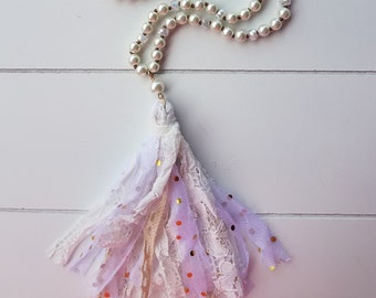 White Pearl Fabric Tassel Necklace