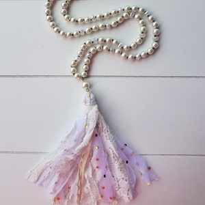 White Pearl Fabric Tassel Necklace