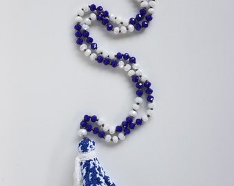 Blue/white fabric tassel necklace with earrings