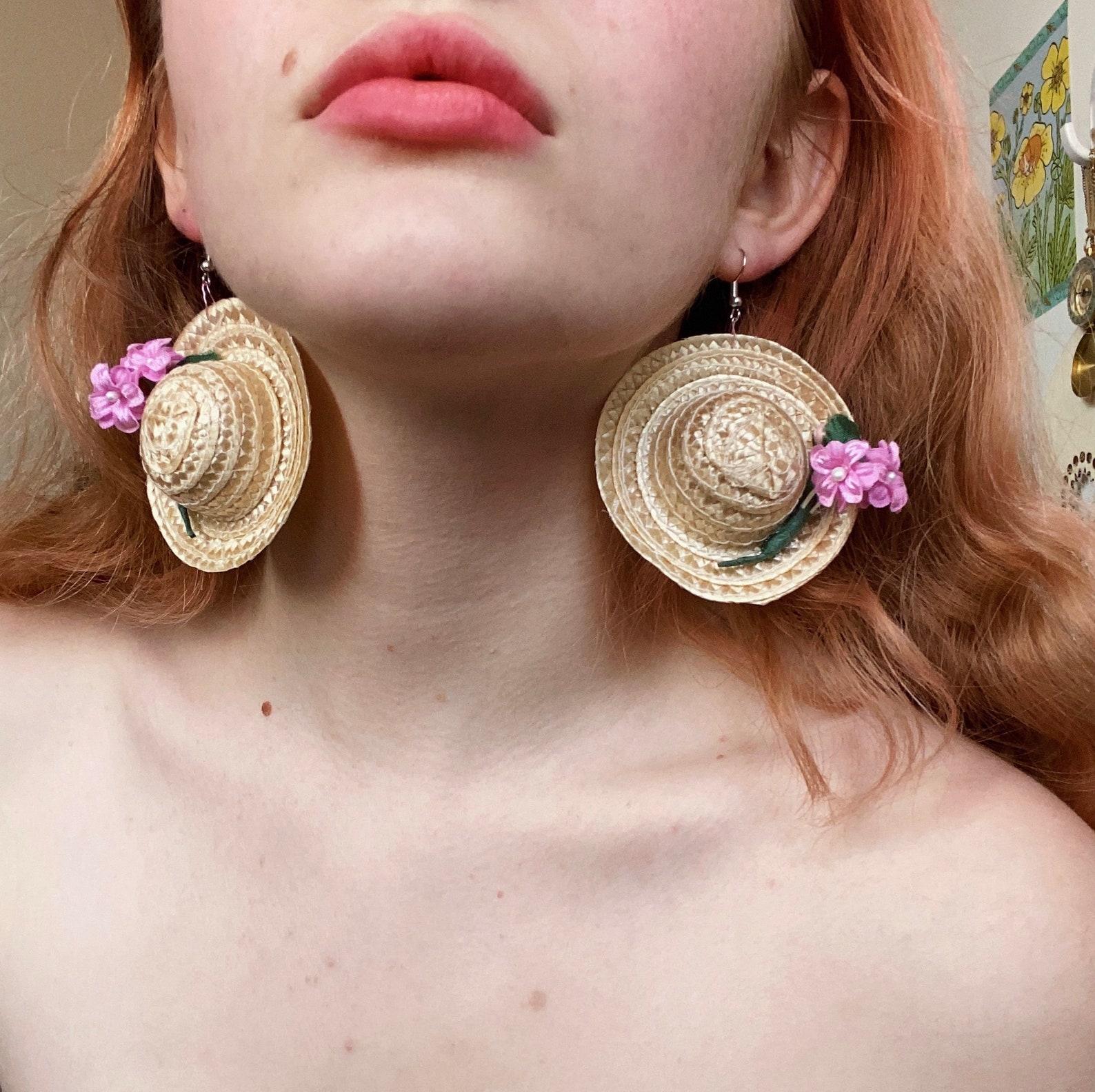 Floral straw hat earrings Etsy
