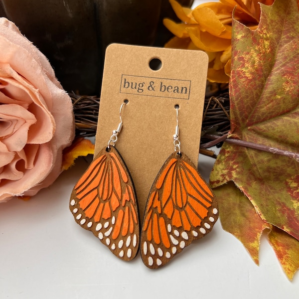 Engraved Monarch Butterfly wooden earrings