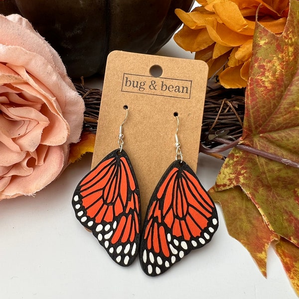 Engraved Monarch Butterfly wooden earrings
