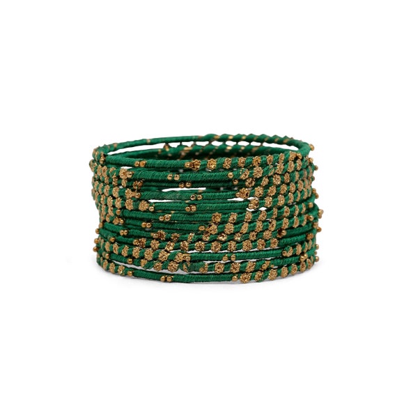 Set of 12 Floral Thread Bangles in Green