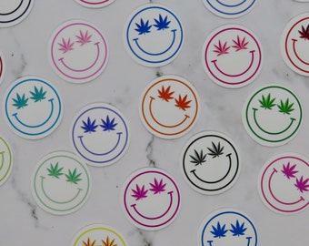SMILEY STONER STICKERS | white/multicolored | 1 inch diameter | free shipping!! Smiley face, pot leaf, bright, multicolored, fun, party,