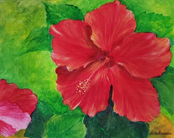 Hibiscus- Hand Painted- Original Acrylic on Paper- Red Hibiscus