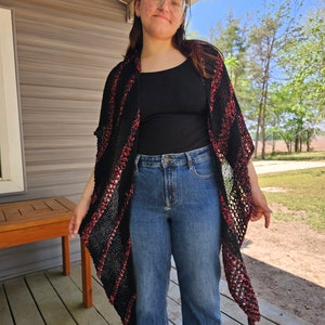 Elegant Knit Shawl: Black with Red Sparkles, Wool Blend