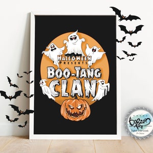 May include: A black and orange Halloween party poster with the text "Halloween Presents Boo-Tang Clan" and a cartoon image of a pumpkin and ghosts.
