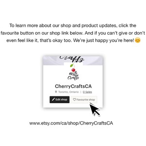 May include: Screenshot of an Etsy shop page, CherryCraftsCA, with a cherry logo. The text encourages viewers to favorite the shop. The shop's location is Toronto, Ontario. A computer cursor points to the "Favorite shop" button.