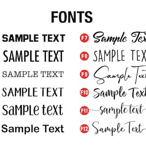 May include: A white background displays the word FONTS in bold black letters. Below, twelve font samples are shown with the text "SAMPLE TEXT" in various styles. Each sample is labeled with a red circle and a number.