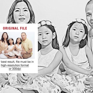 Pu&ograve; includere: Ritratto di famiglia in bianco e nero con due bambine che indossano fasce floreali e abiti bianchi. L'immagine include il testo "ORIGINAL FILE" e le istruzioni per il formato ad alta risoluzione o 300 dpi.