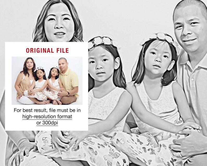 Pu&ograve; includere: Ritratto di famiglia in bianco e nero con due bambine che indossano fasce floreali e abiti bianchi. L'immagine include il testo "ORIGINAL FILE" e le istruzioni per il formato ad alta risoluzione o 300 dpi.