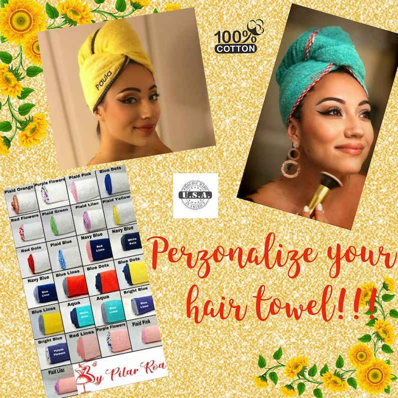Hair Towel Wrap Handmade 100 Cotton Colorful Borders Personalize