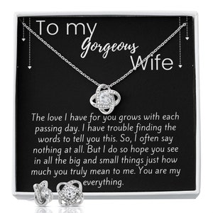 A mi esposa Love Knot Collar y arete Set Magnífico empaque y mensaje único de tarjeta de regalo perfecto regalo de aniversario de boda