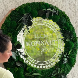 Custom Moss Mirror Wall Decor with Reindeer Moss, Personalized Logo Mirror, Living Moss Art for Home or Office, Modern Mirror Moss Frame