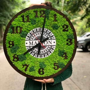 Personalized clock, Wooden clock, Moss wall art, Unique clock office wall decor, Home wall decor, Branded wall clock, Wall hanging greenery