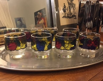 Vintage Set of Seven Libbey Stained Glass Fruit Pattern Drinking Glasses
