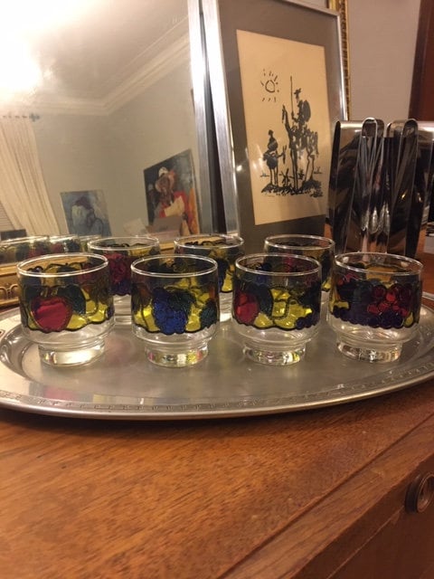 4 Libbey Fruit Stained Glass Drinking Glasses 