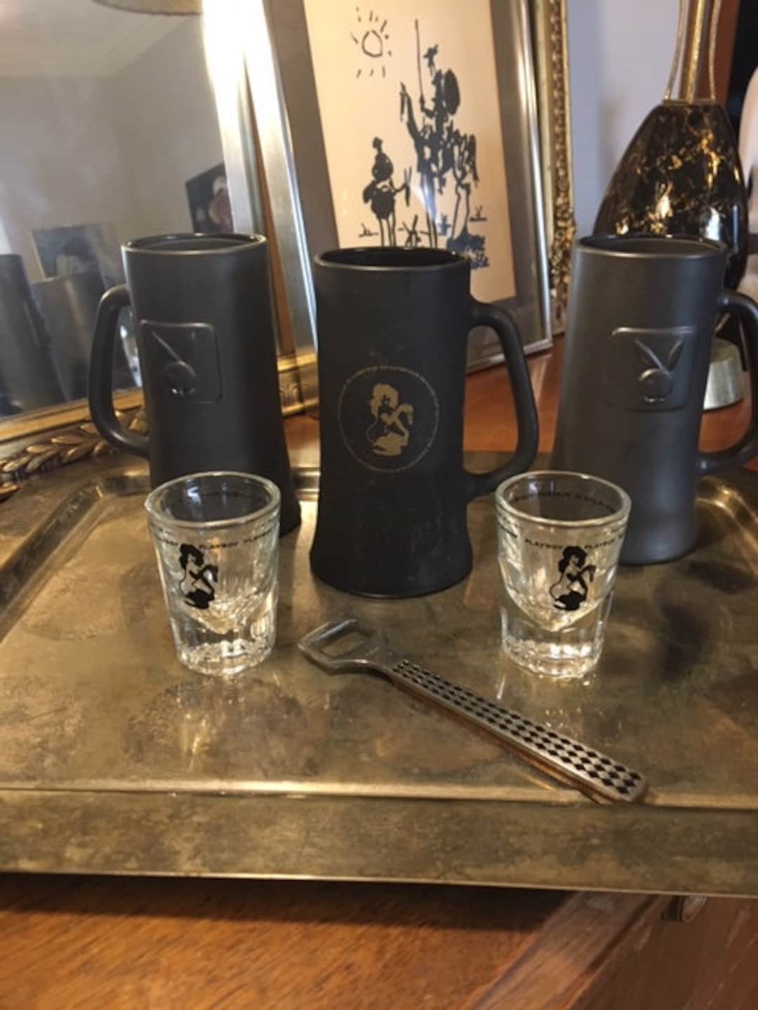 Vintage Playboy Club Matte Black Beer Steins/mugs Shot Glasses Bottle
