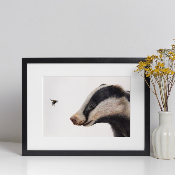Badger & Bee Giclée Fine Art Print / A3 A4 A5 Country Home Décor / Wildlife Wall Art