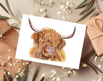 Highland Cow Greeting Card / Cute Bull Licking Nose Blank Card All Occasion Notelet and Envelope, Eco Friendly