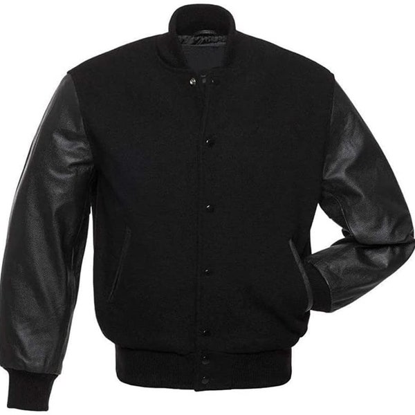 Solid Black Varsity Letterman Baseball Bomber Jacket Wool Cowhide Leather Sleeves