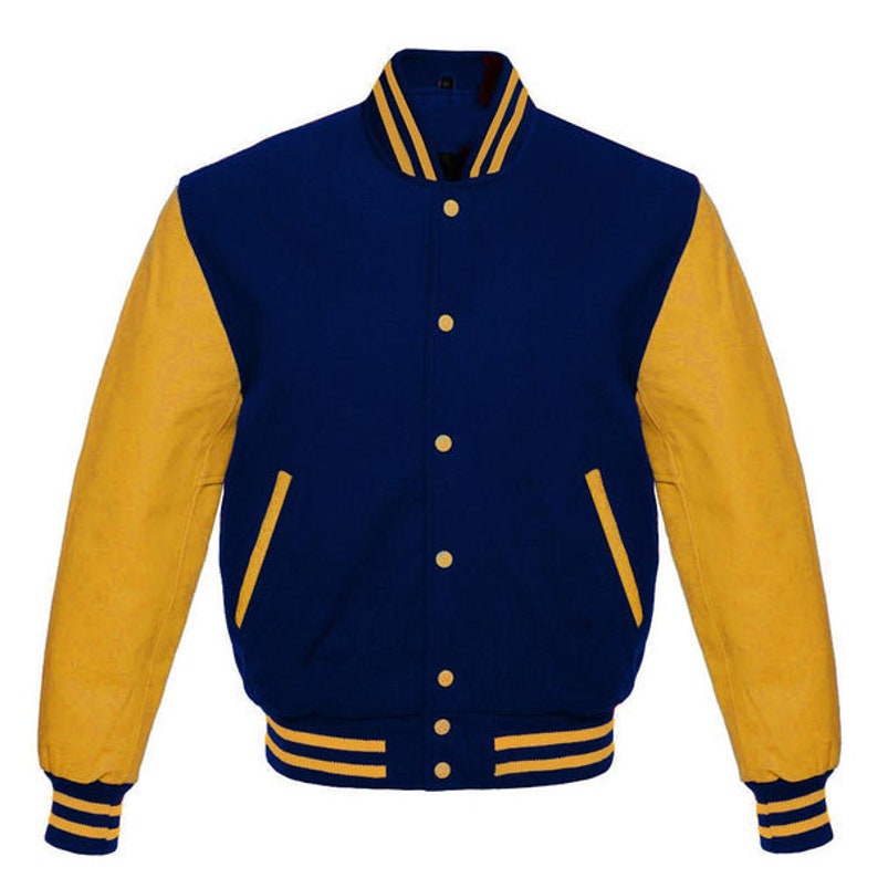 Black Friday Sale Wool Men's Varsity Baseball Jacket Real Leather Sleeves Wool Letterman Boys Jacket Blue & Yellow