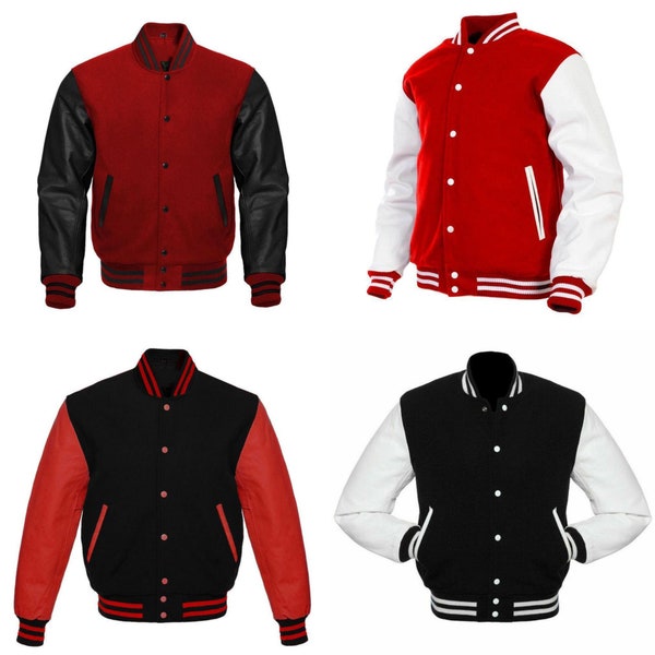 Herrn College-Baseballjacke Echtes / Kunstleder Ärmel Wolle Letterman Jungenjacke