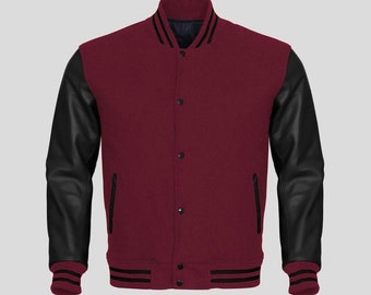 Maroon and Black Men's Varsity Baseball Jacket Real Leather Sleeves Wool Letterman Boys Jacket