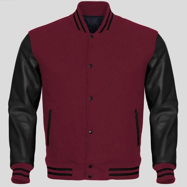 Maroon and Black Men's Varsity Baseball Jacket Real Leather Sleeves Wool Letterman Boys Jacket