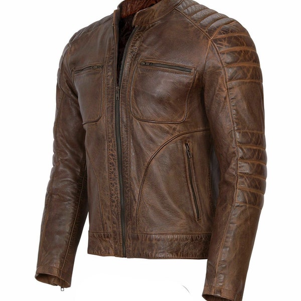Mens Vintage Cafe Racer Genuine Leather Jacket Brown Biker Fashion Jacket