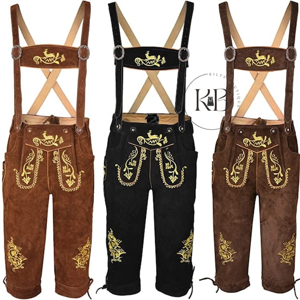 Lederhosen long bavarois en cuir de vachette véritable pour homme avec bretelles assorties