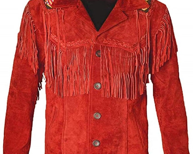 Cowboy Leather Jacket and Fringe Beaded Coat Suede Red