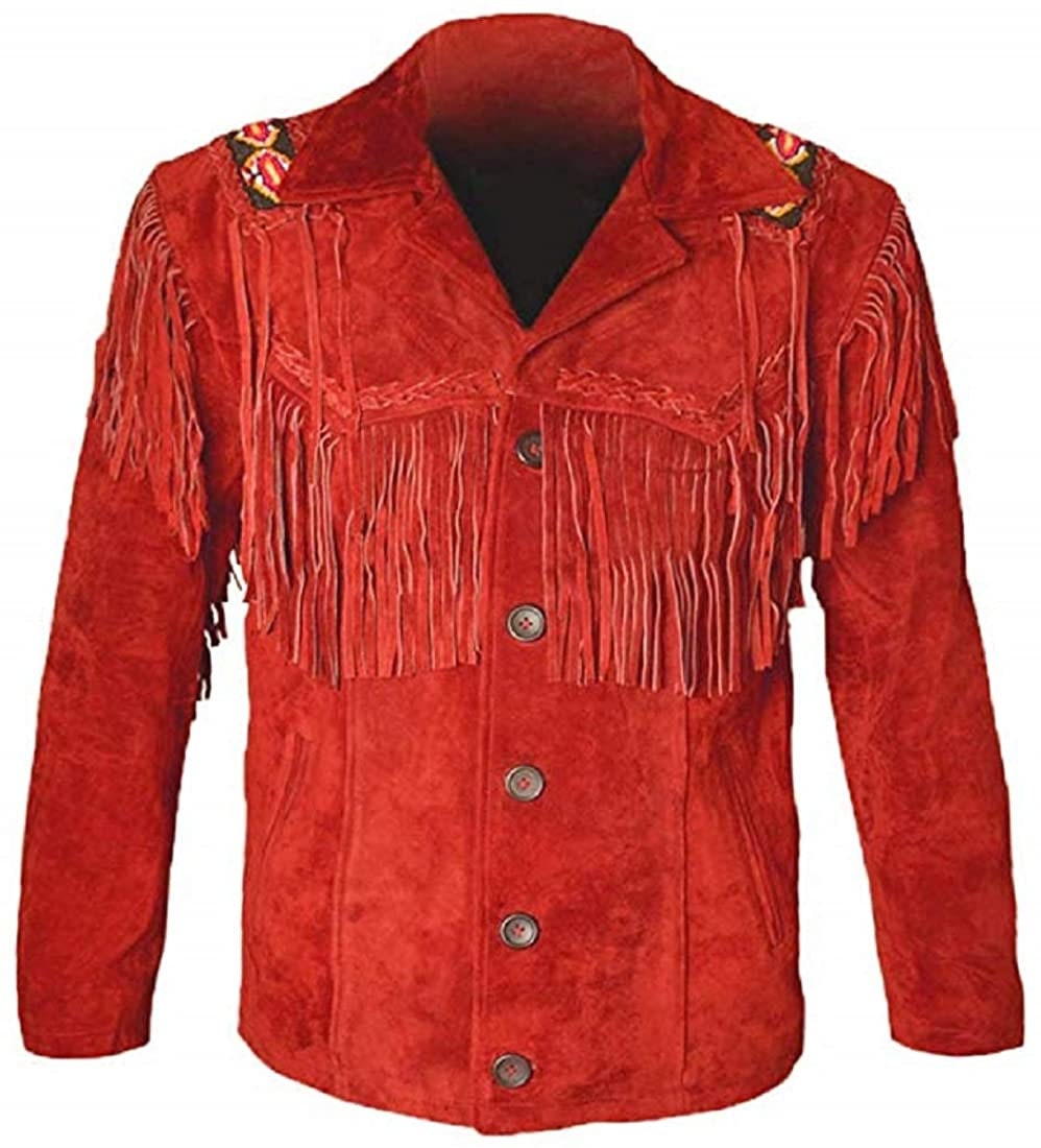 Nubuck leatherworks Chaquetas de piel de ante para hombre con flecos y  huesos, color rojo