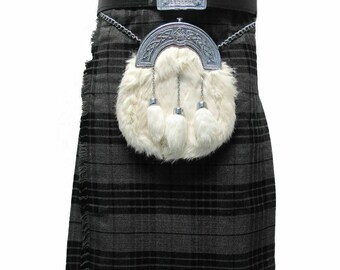 Scottish Traditional Highland 5 Yard Highland Grey  Tartan Kilt outfit  with Cetlic Cantle Full Dress Off White Rabbit fur Sporran