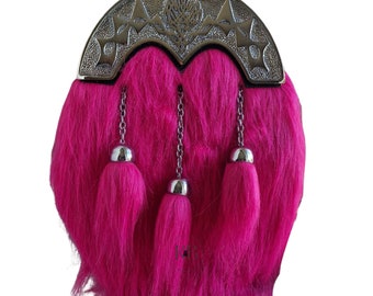 Pink Scottish & Highland Sporran Full Dress Fur Big Thistle Cantle With 3 Tassels Chrome Finish.