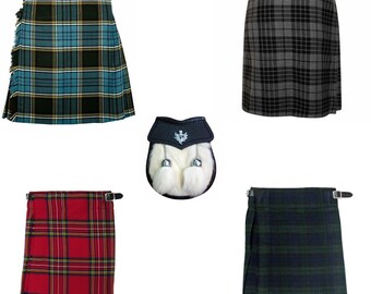 Babies Kids Scottish Tartan Kilt Outfit With White Sporran Fur with 2 Tassels & Thistle Badge