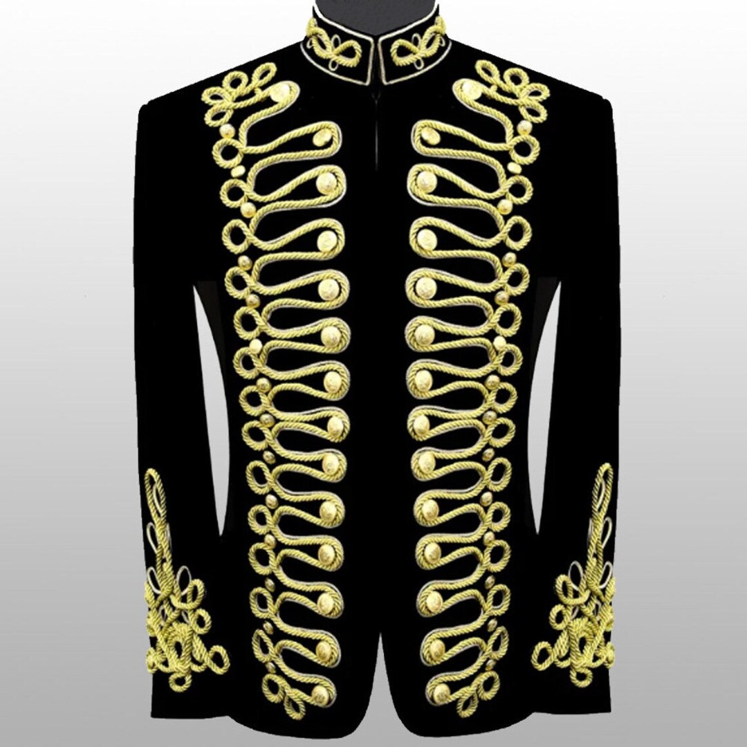 Black Men Braided Velvet Jacket Military Gold Braided Jacket Hussars ...