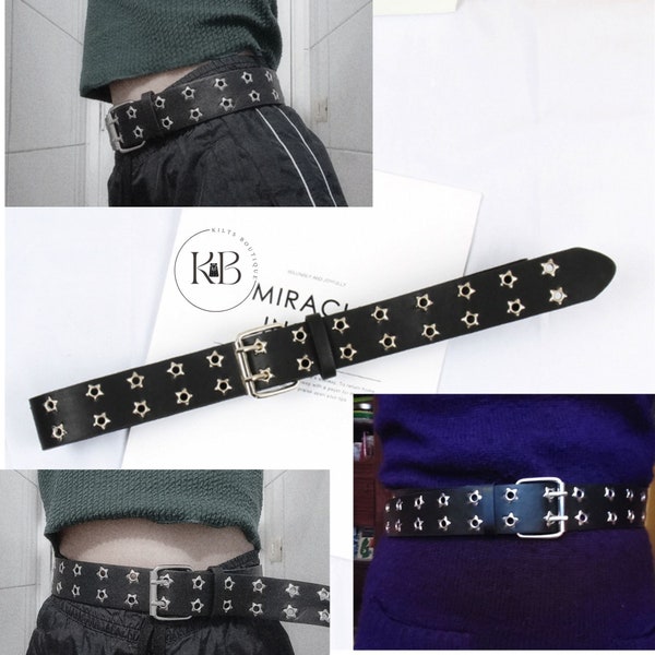 Star Eye Rivet Belt Goth Style Double Pin Buckle  Fashion Casual Punk Style Pu Leather Waistband Waist Belt