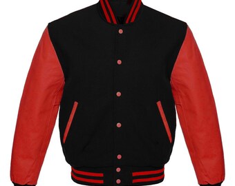 Black and Red Men's Varsity Baseball Jacket Real Leather Sleeves Wool Letterman Boys Jacket