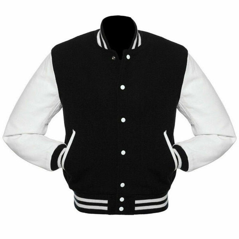 Black Friday Sale Wool Men's Varsity Baseball Jacket Real Leather Sleeves Wool Letterman Boys Jacket Black & White