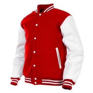 Black Friday Sale Wool Men's Varsity Baseball Jacket Real Leather Sleeves Wool Letterman Boys Jacket Red & White